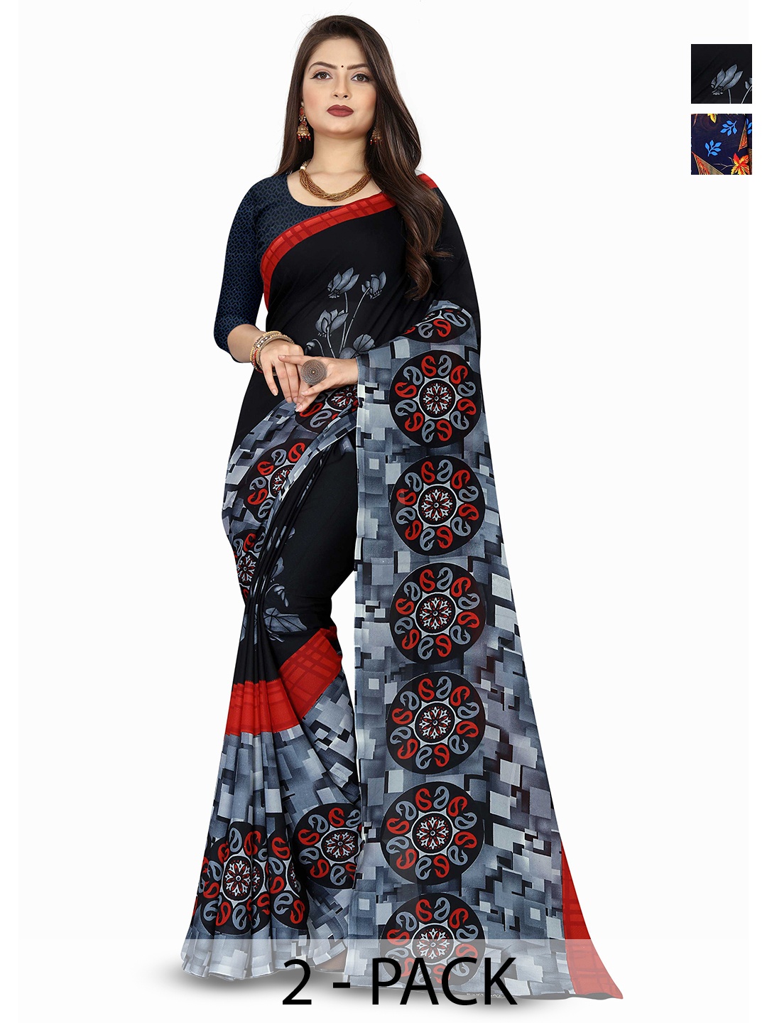 

ANAND SAREES Selection Of 2 Floral Printed Sarees, Black