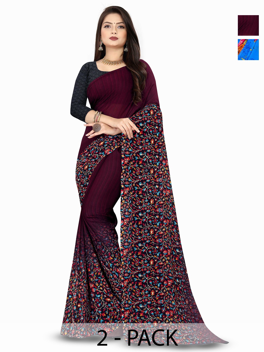 

ANAND SAREES Selection Of 2 Floral Printed Sarees, Blue