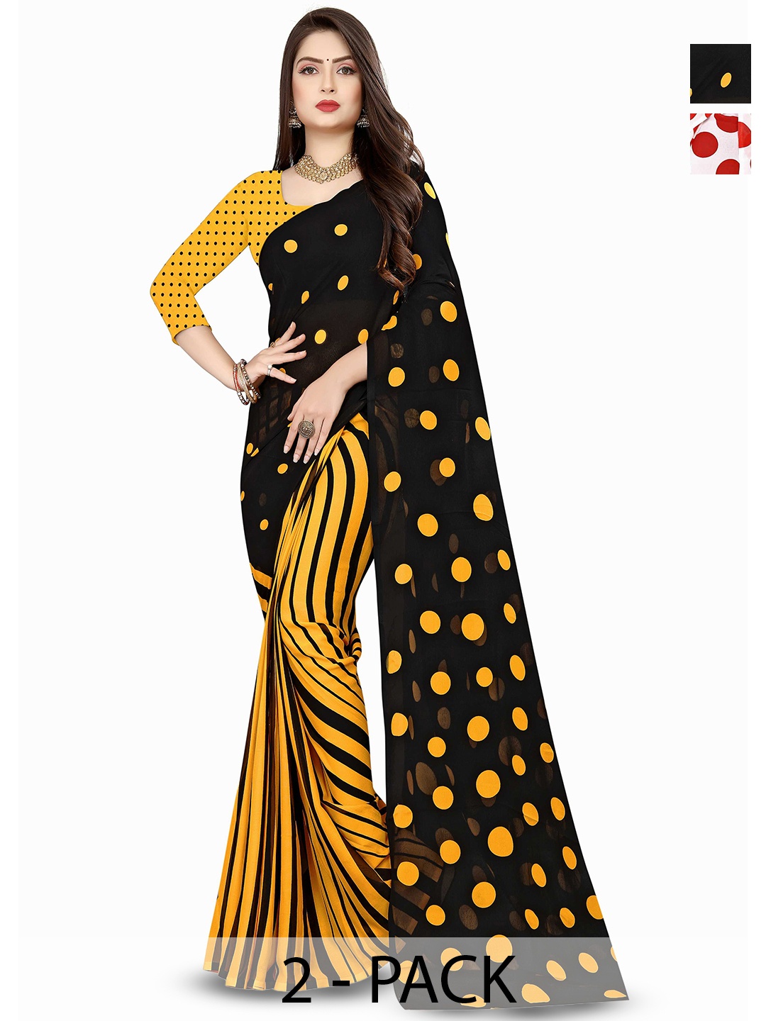 

ANAND SAREES Selection Of 2 Polka Dot Printed Sarees, Black