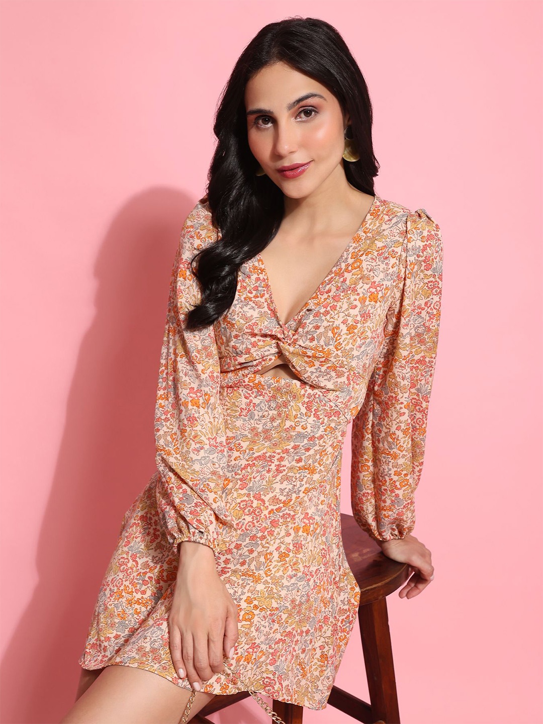 

Phenav Floral Printed V Neck Cotton Dress, Beige