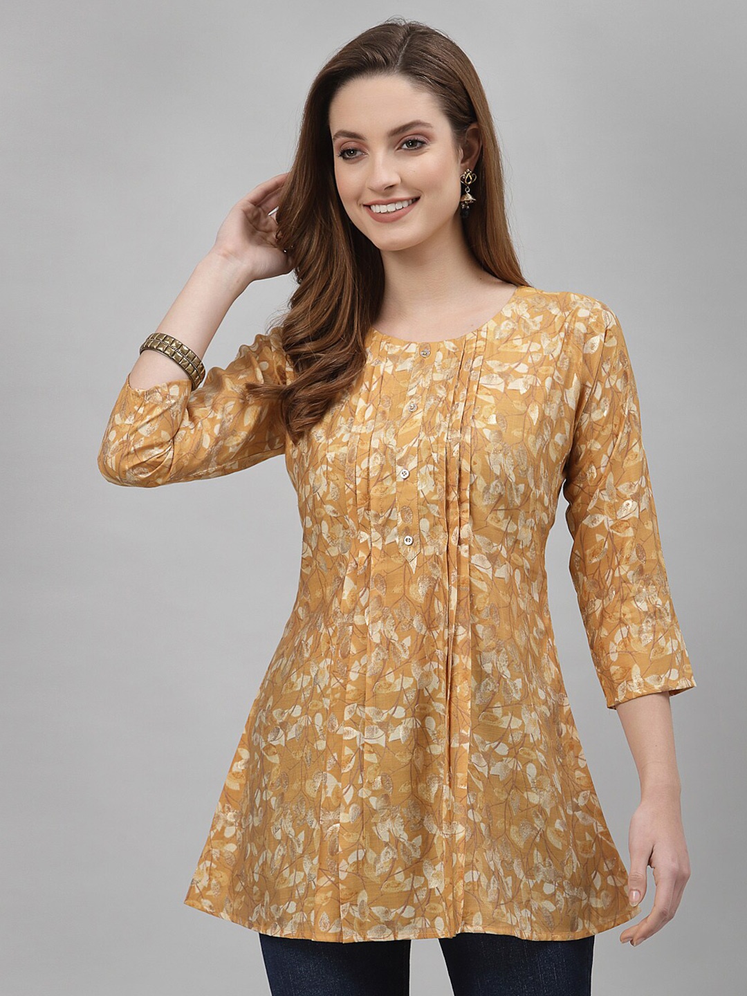 

TANKHI Floral Print Three-Quarter Sleeves Round Neck Top, Mustard