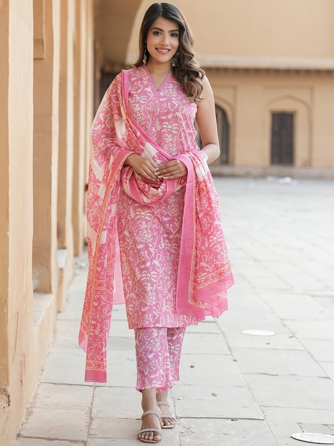 

KALINI Floral Printed Regular Pure Cotton Kurta with Trousers & With Dupatta, Pink