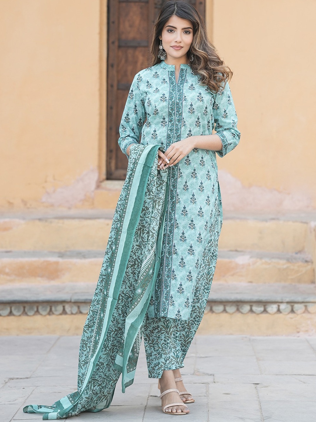 

KALINI Ethnic Motifs Printed Regular Thread Work Pure Cotton Kurta with Trousers & Dupatta, Teal