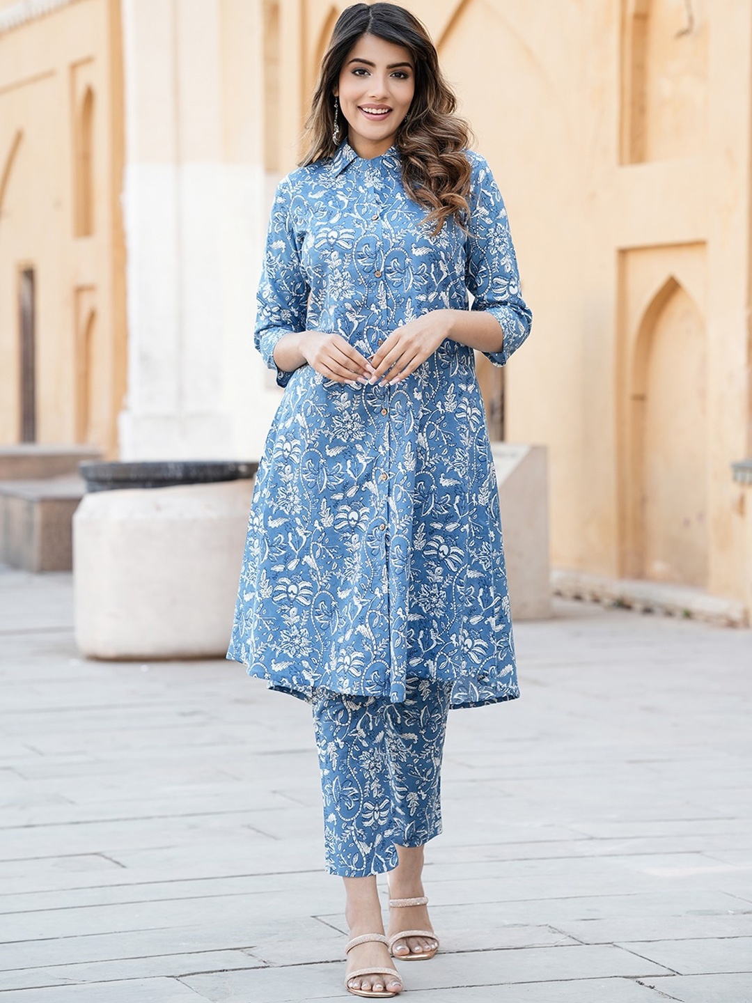 

KALINI Shirt Collar Floral Printed Pure Cotton Kurta with Trouser, Blue