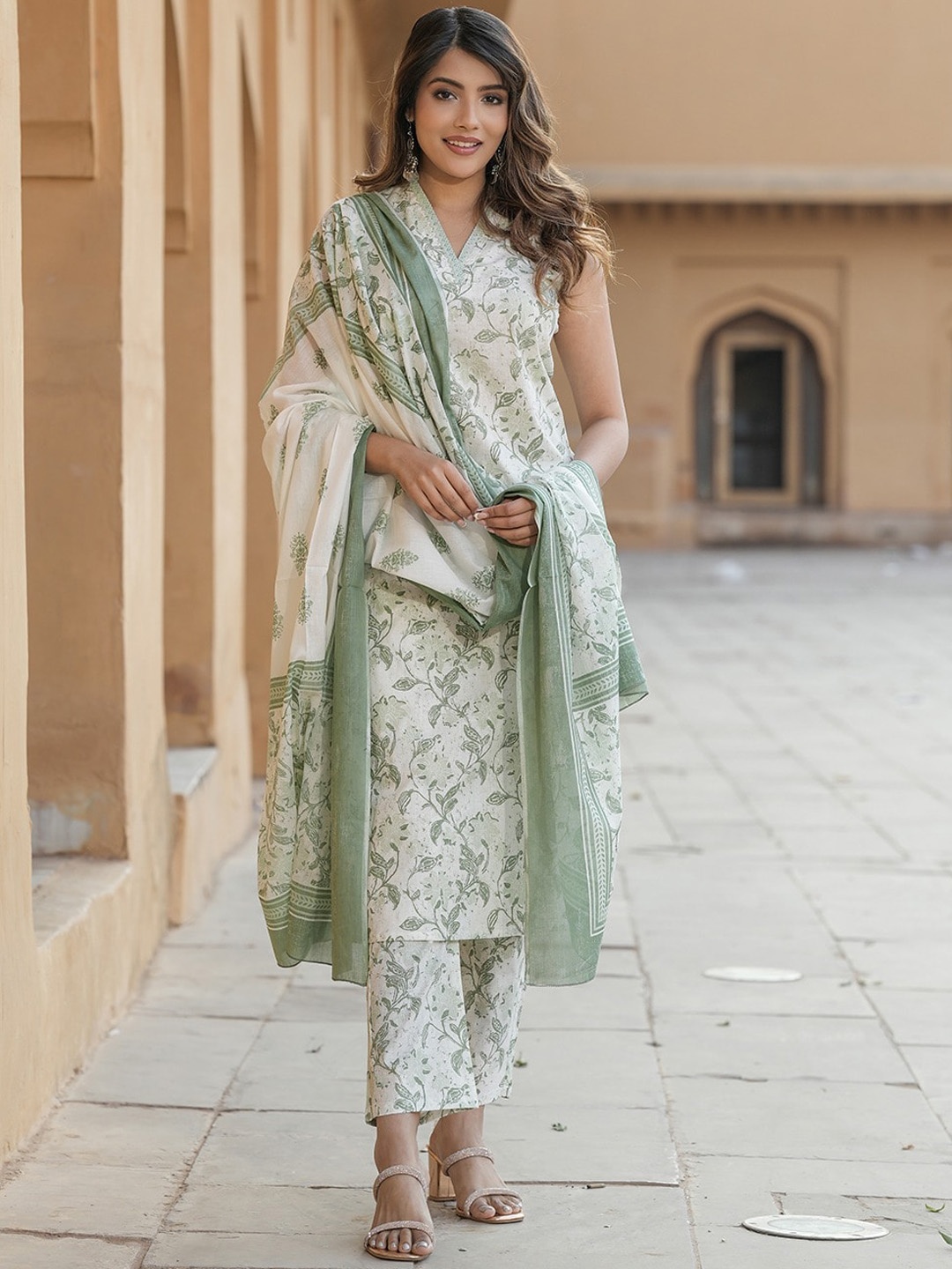 

KALINI V Neck Floral Printed Regular Thread Work Pure Cotton Kurta Set, Green