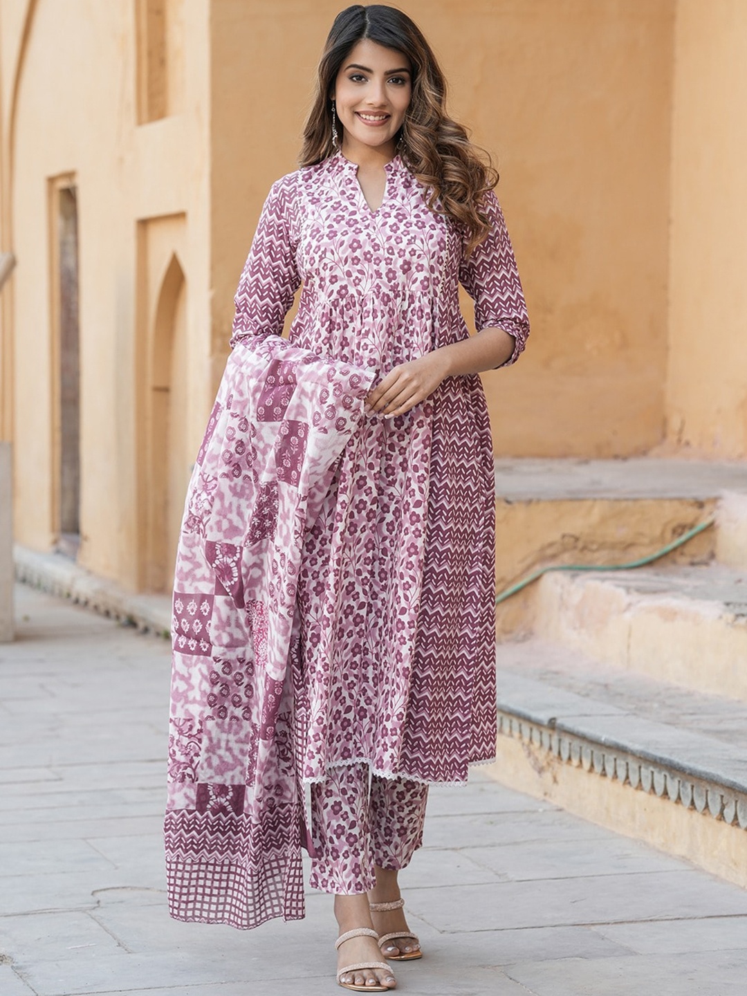

KALINI Ethnic Motifs Printed Regular Pure Cotton Kurta with Trousers & With Dupatta, Mauve