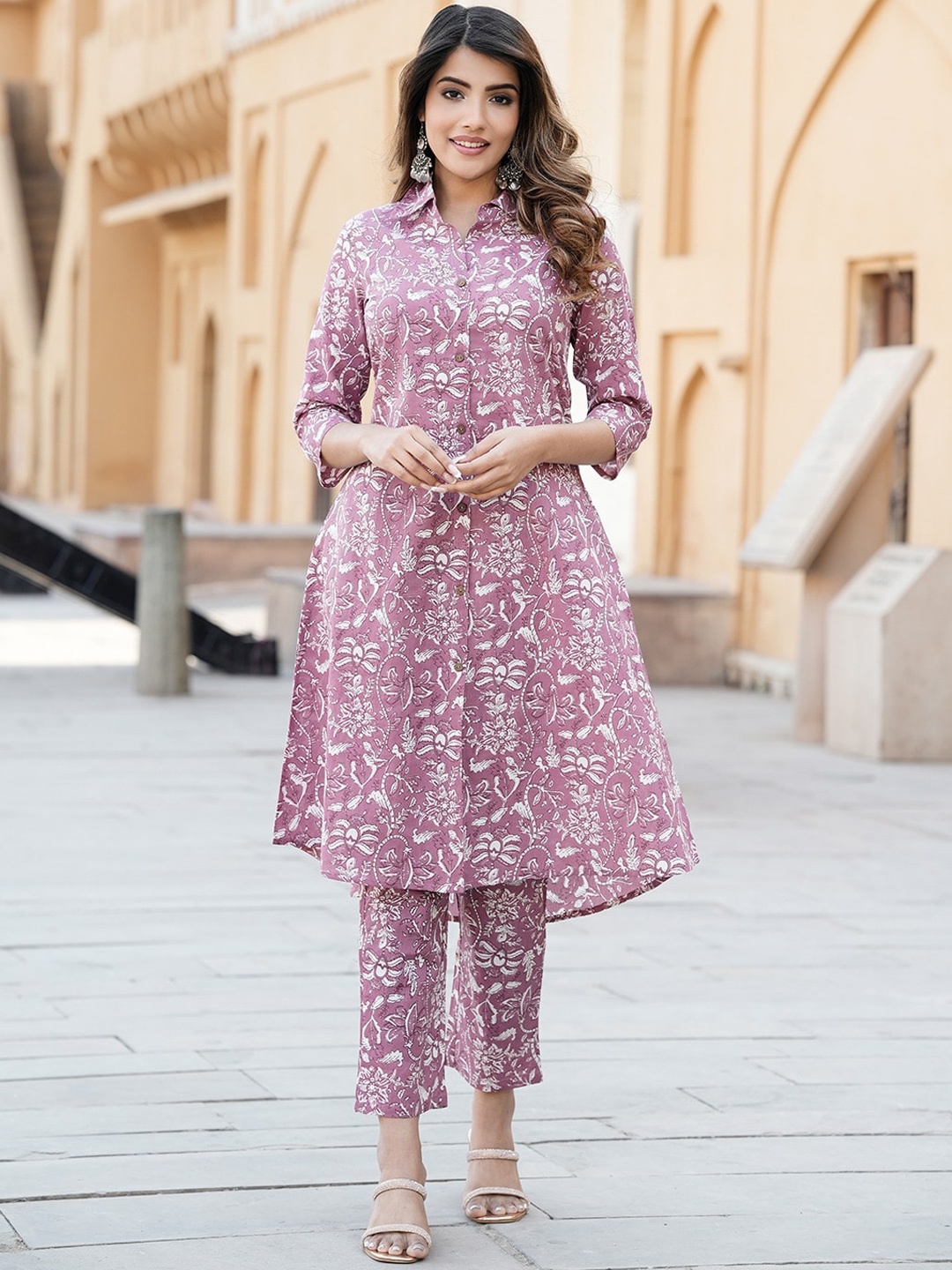 

KALINI Shirt Collar Floral Printed Pure Cotton A Line Kurta with Trouser, Mauve