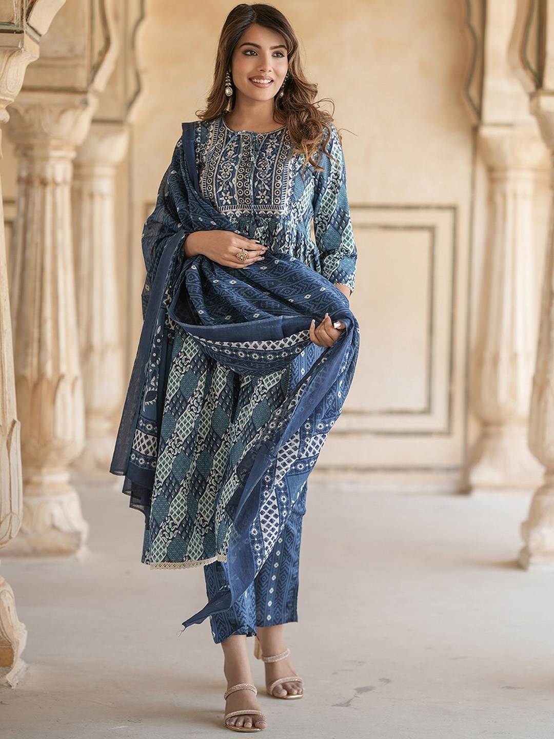 

KALINI Paisley Embroidered Regular Pure Cotton Kurta with Trousers & With Dupatta, Blue