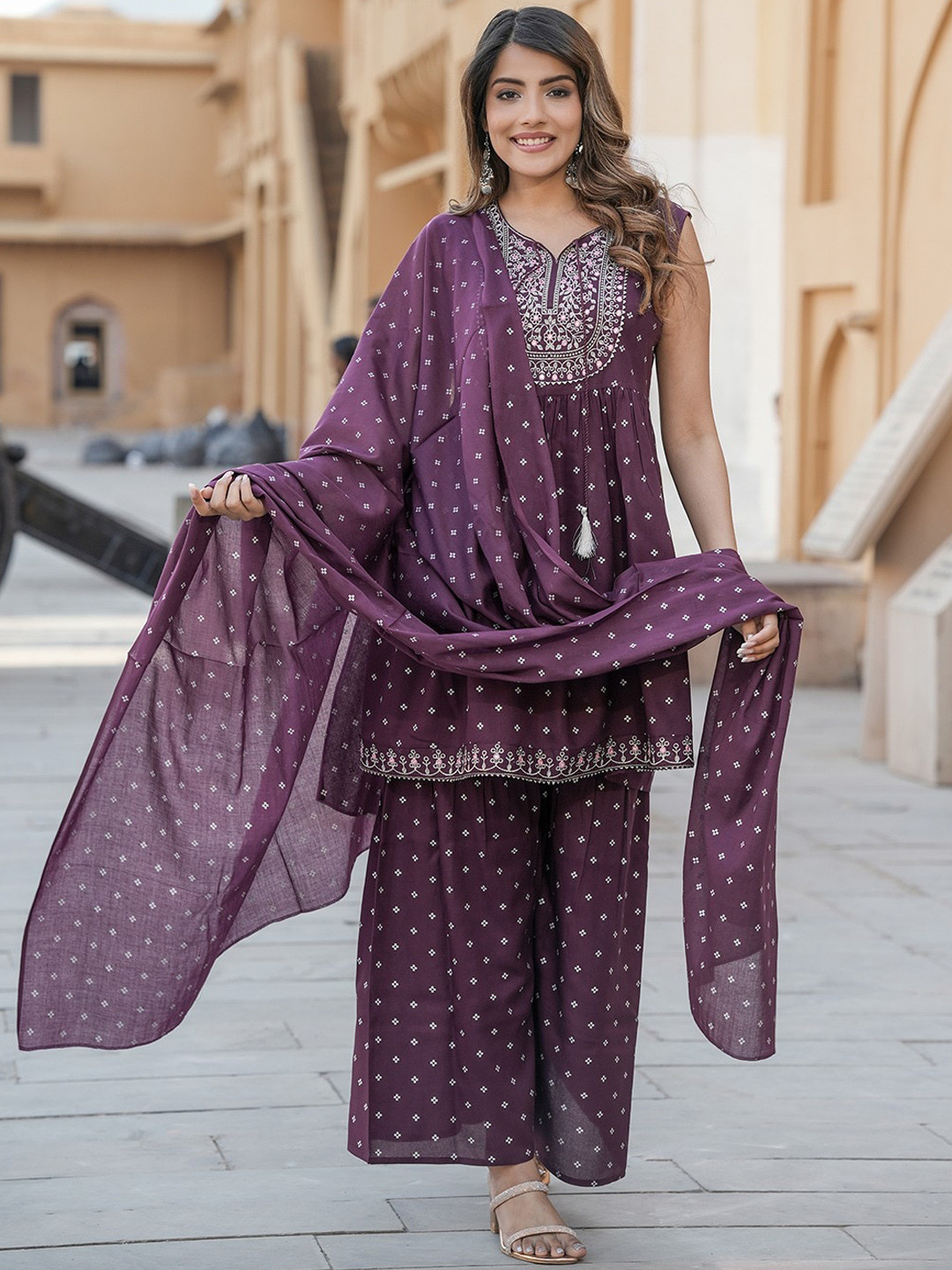 

KALINI V Neck Sleeveless Ethnic Embroidered Chikankari Kurti with Sharara & Dupatta, Maroon