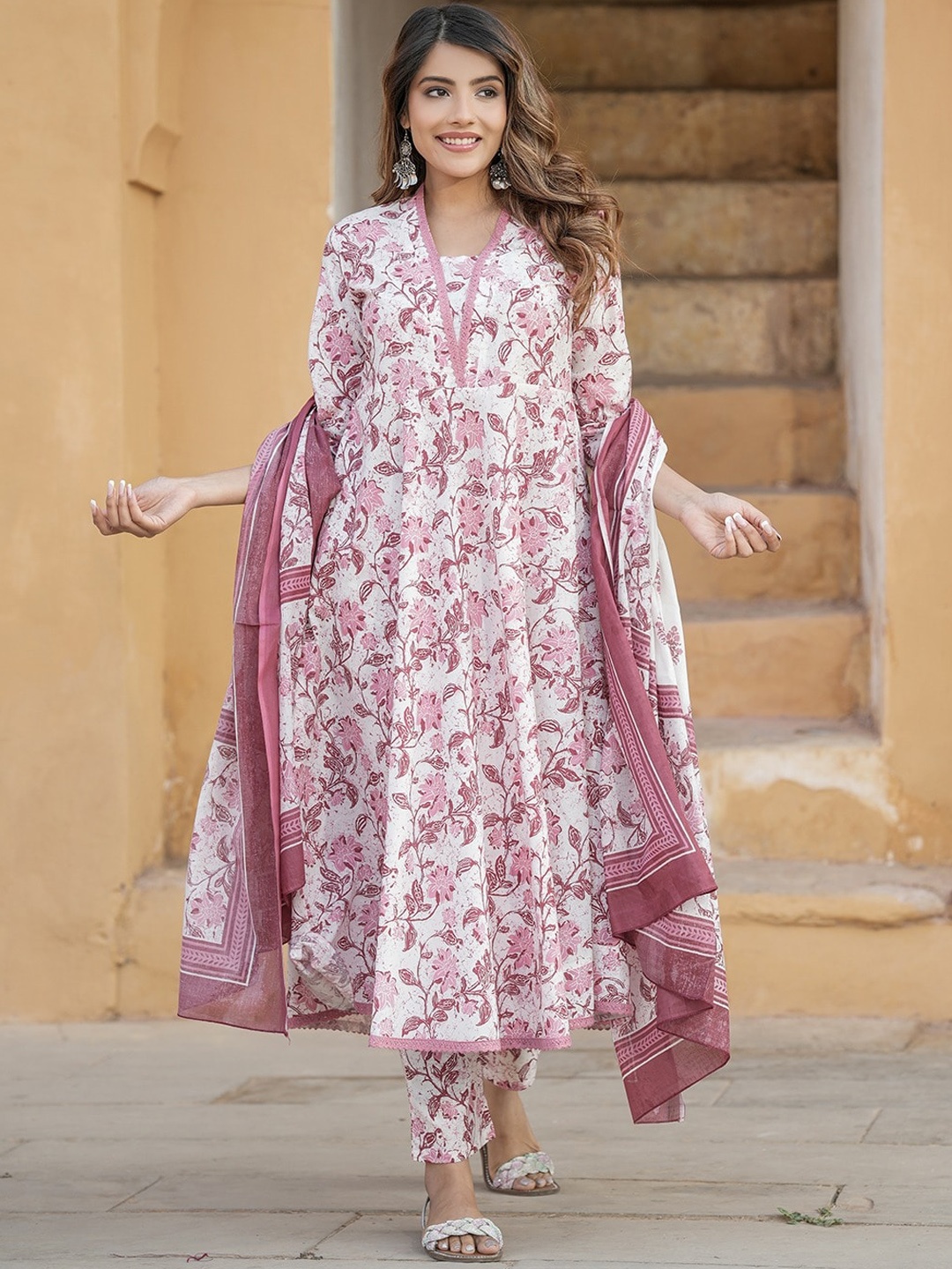 

KALINI Floral Printed Regular Thread Work Pure Cotton Kurta with Trousers & Dupatta, Mauve