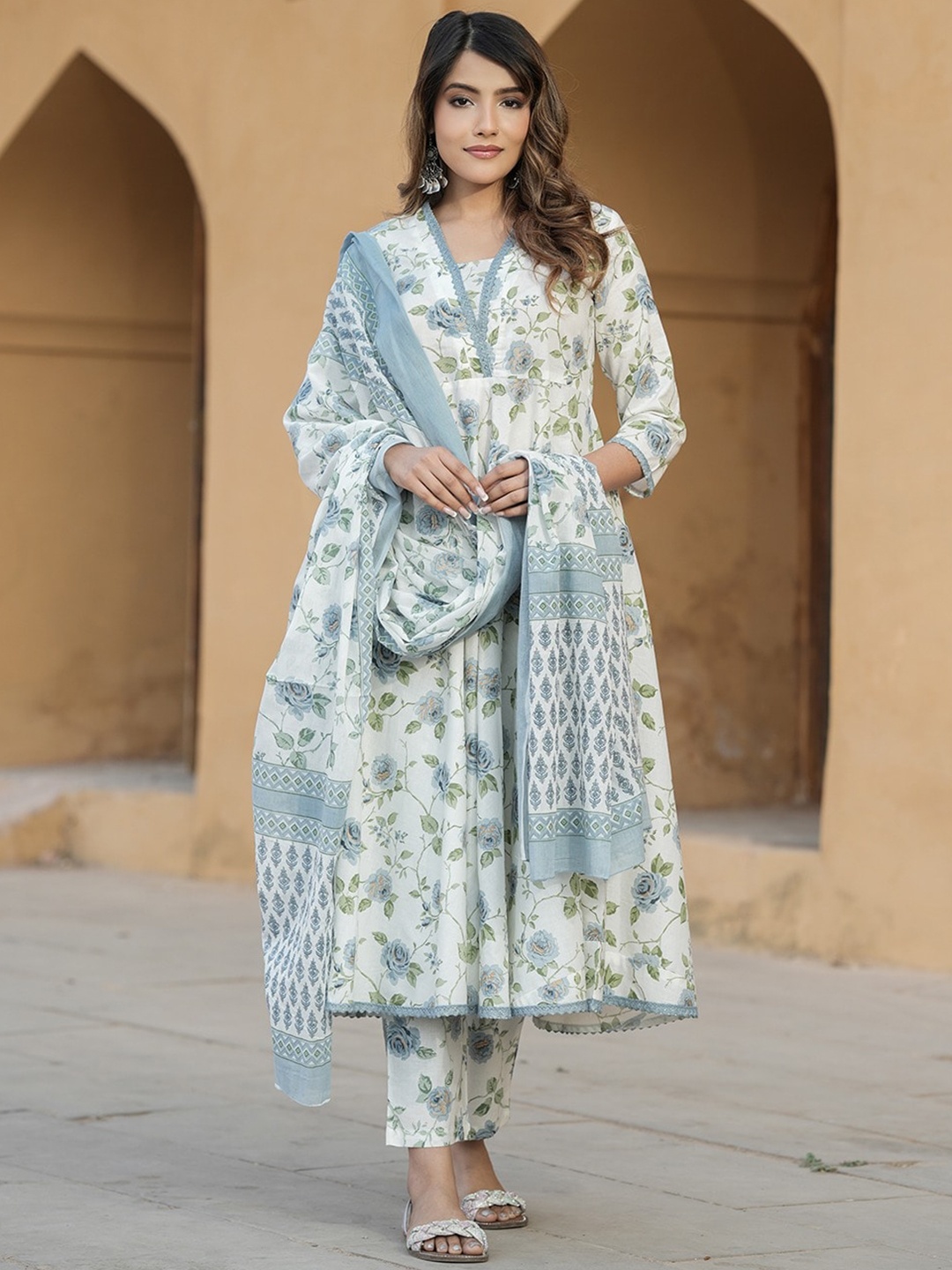 

KALINI Women Floral Printed Regular Thread Work Pure Cotton Kurta with Trousers & With Dupatta, Grey