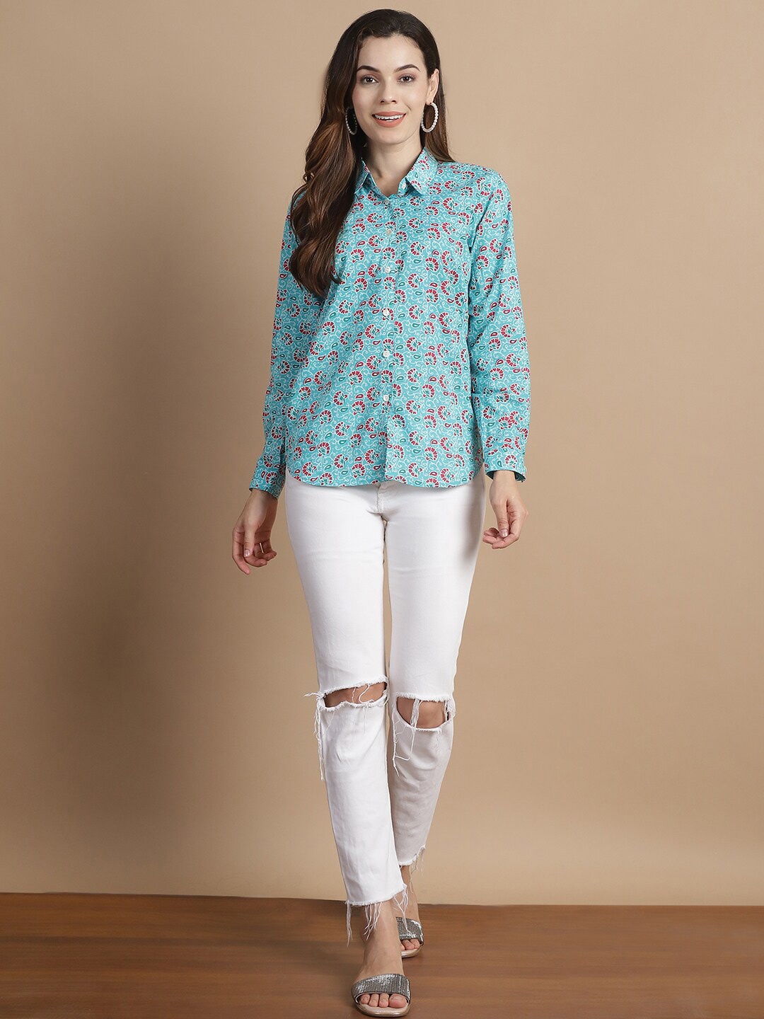 

GRACIT Floral Printed Cotton Shirt Style Top, Turquoise blue