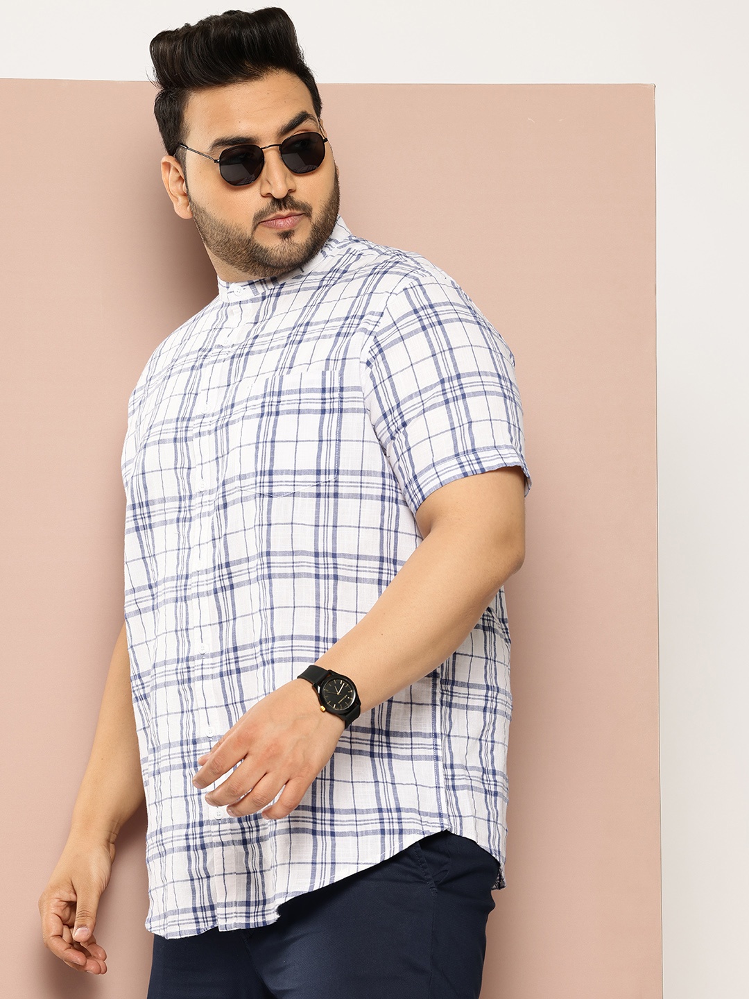 

Sztori Men Plus Size Checked Mandarin Collar Casual Shirt, Navy blue