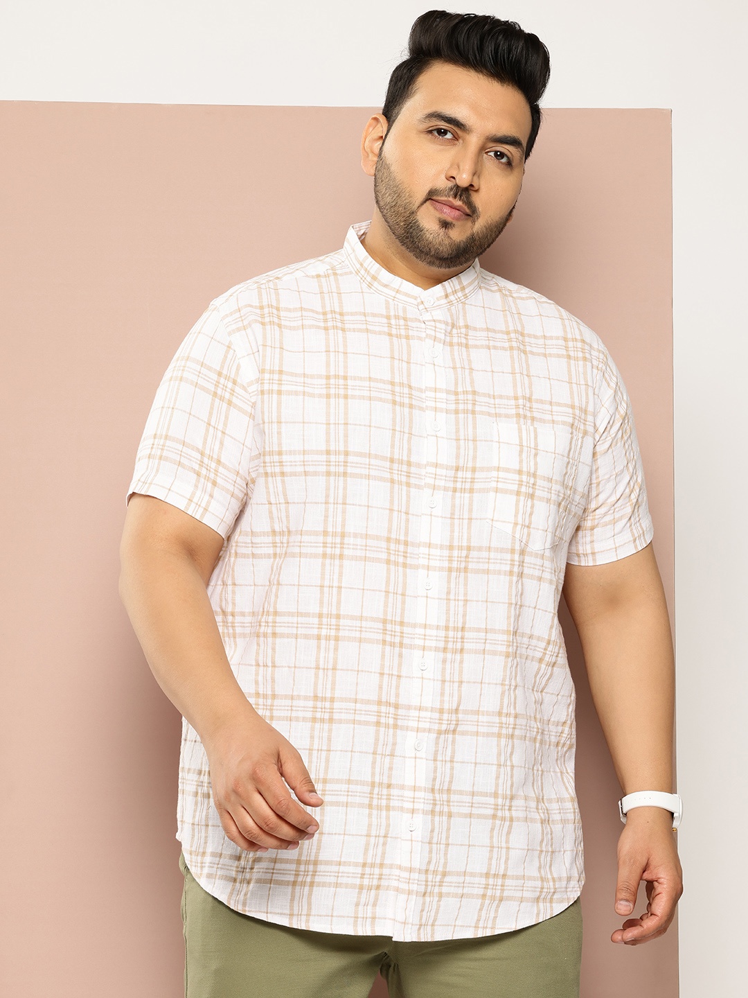 

Sztori Men Plus Size Checked Mandarin Collar Casual Shirt, Beige