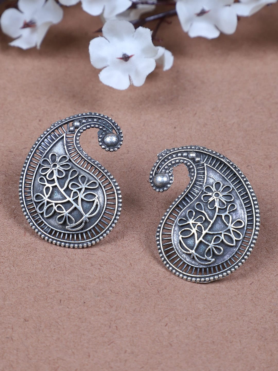 

FIROZA Paisley Shaped Oxidised Studs Earrings, Silver