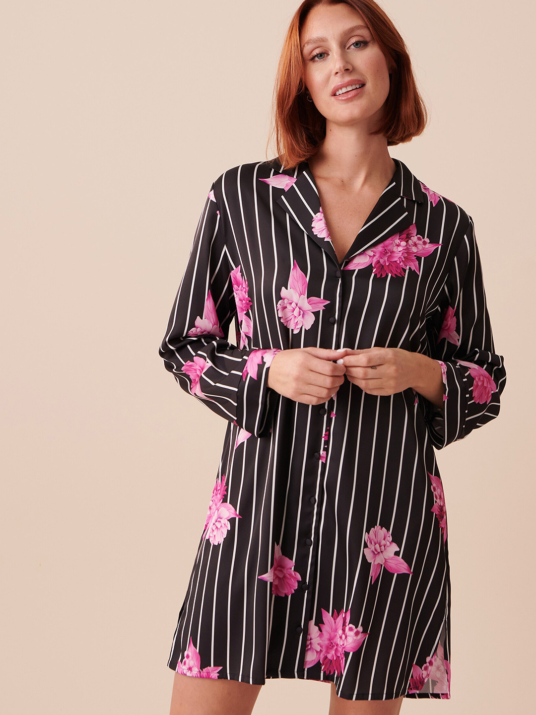 

La Vie en Rose Floral Printed Shirt Nightdress, Black
