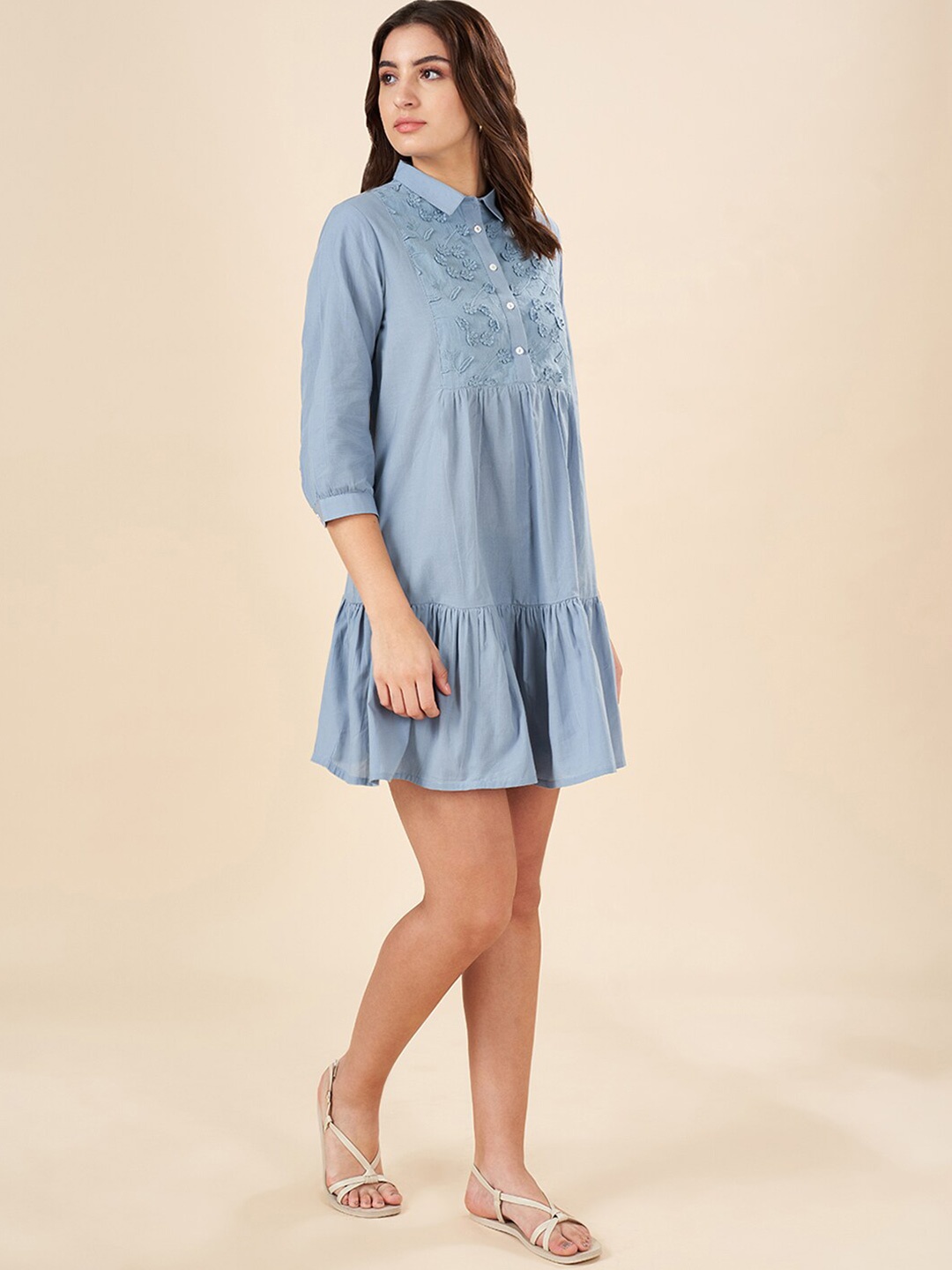 

AKKRITI BY PANTALOONS Cotton Shirt Collar Cuffed Sleeves Casual Shirt Dress, Steel