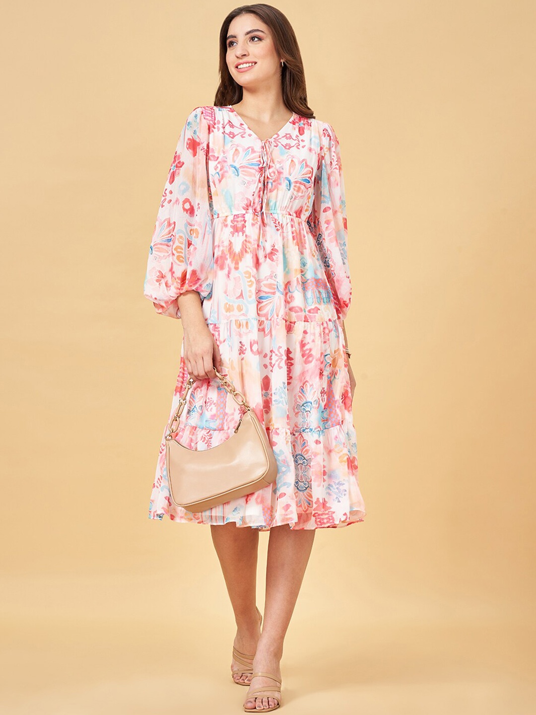 

Honey by Pantaloons Floral Print V-Neck Puff Sleeves A-Line Midi Dress, Off white