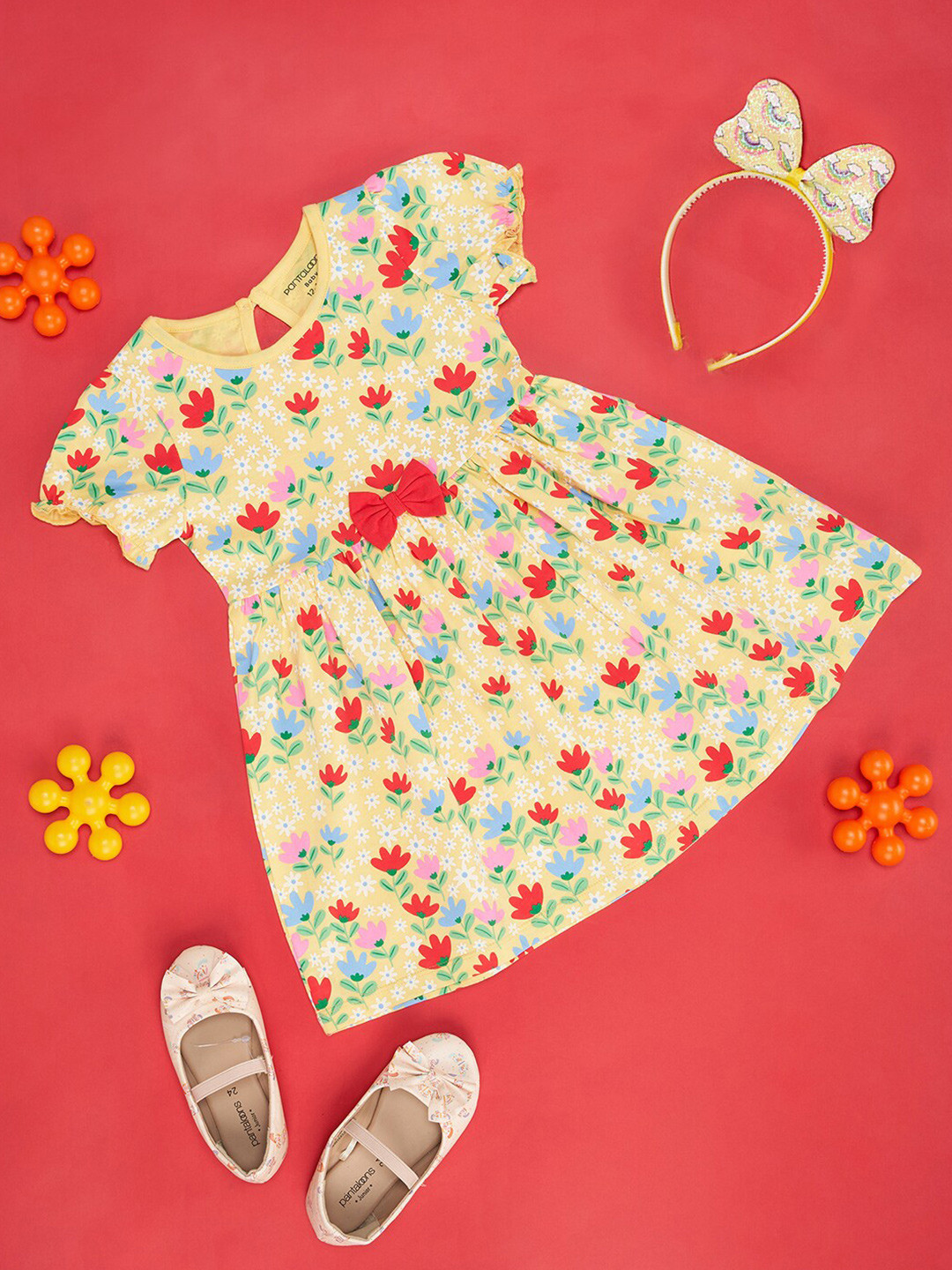 

Pantaloons Baby Girls Round Neck Short Cap Sleeves Cotton Floral Print Fit & Flare Dress, Yellow