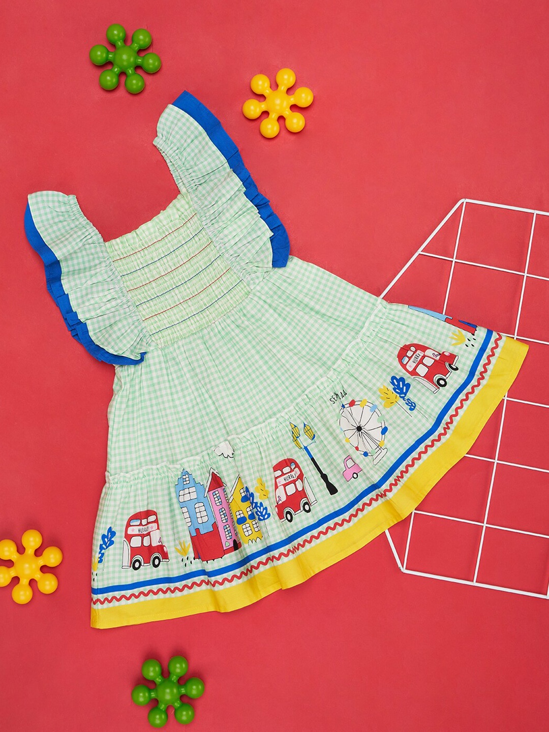 

Pantaloons Baby Girls Square Neck Sleeveless Cotton Checked A-Line Dress, Green