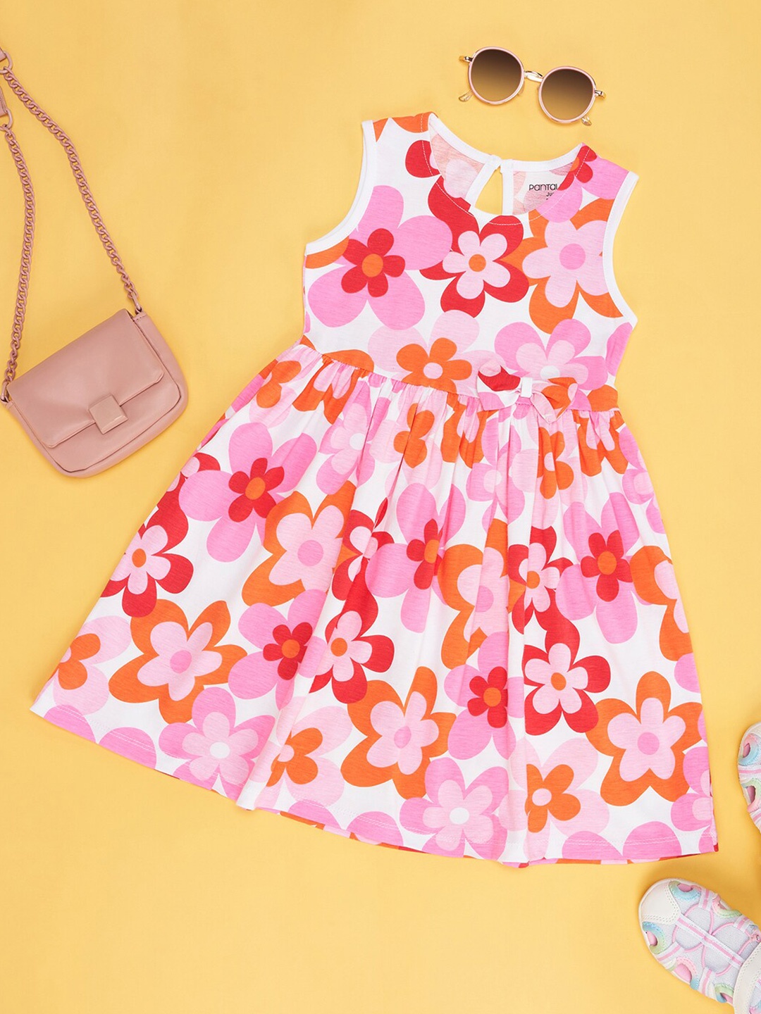 Pantaloons Junior Round Neck Sleeveless Floral Print Fit & Flare Dress, Pink