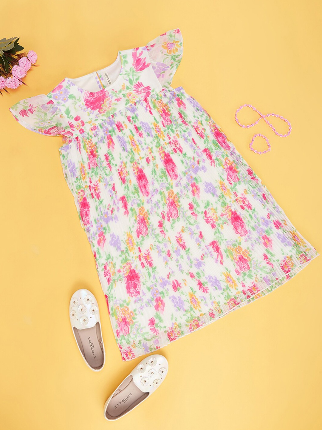 Pantaloons Junior Round Neck Floral Print Flutter Sleeve A-Line Dress, White