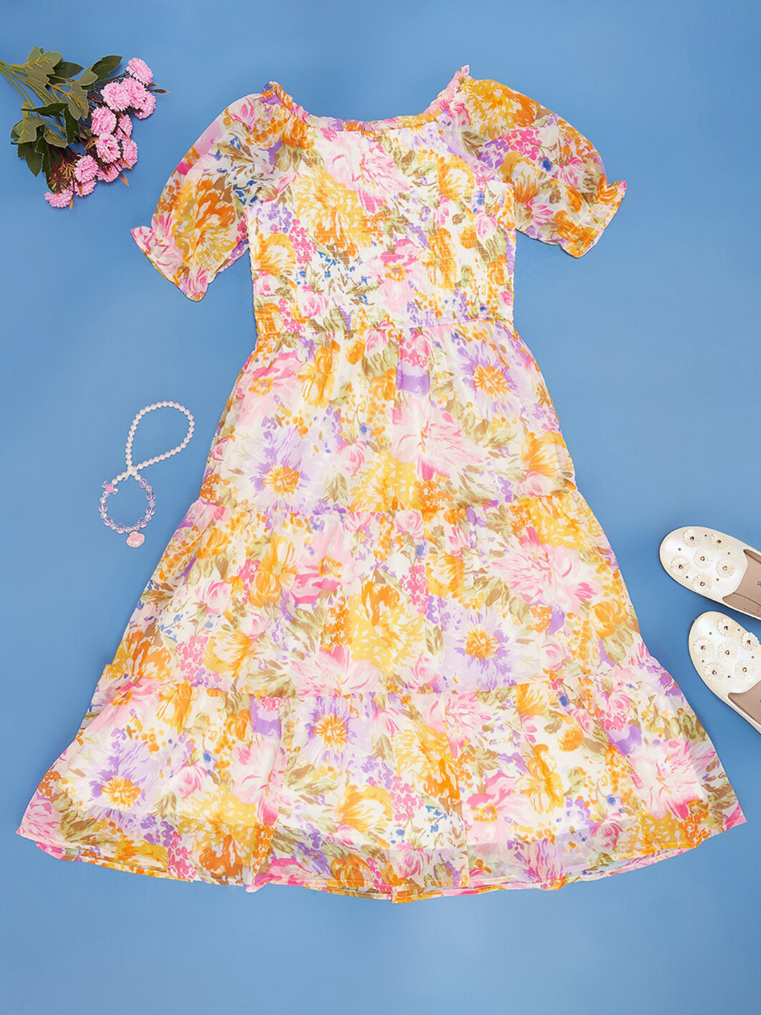 

Pantaloons Junior Round Neck Short Puff Sleeves Floral Print Fit & Flare Dress, White