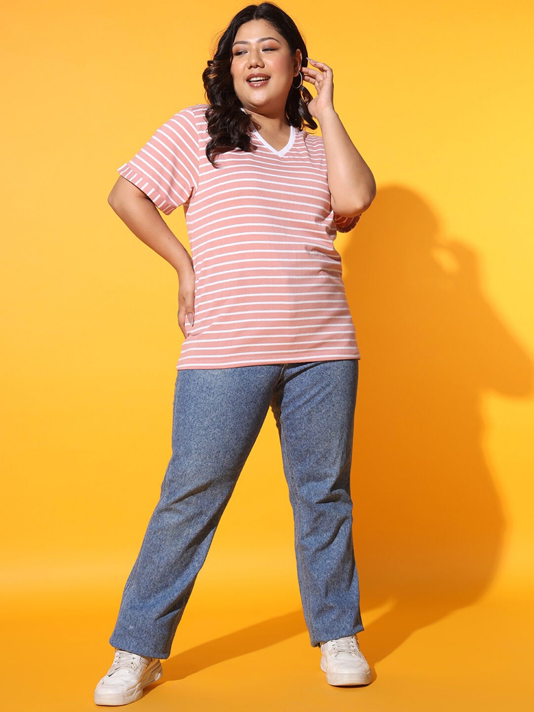 

AUSTIVO V-Neck Striped Cotton Top, Pink
