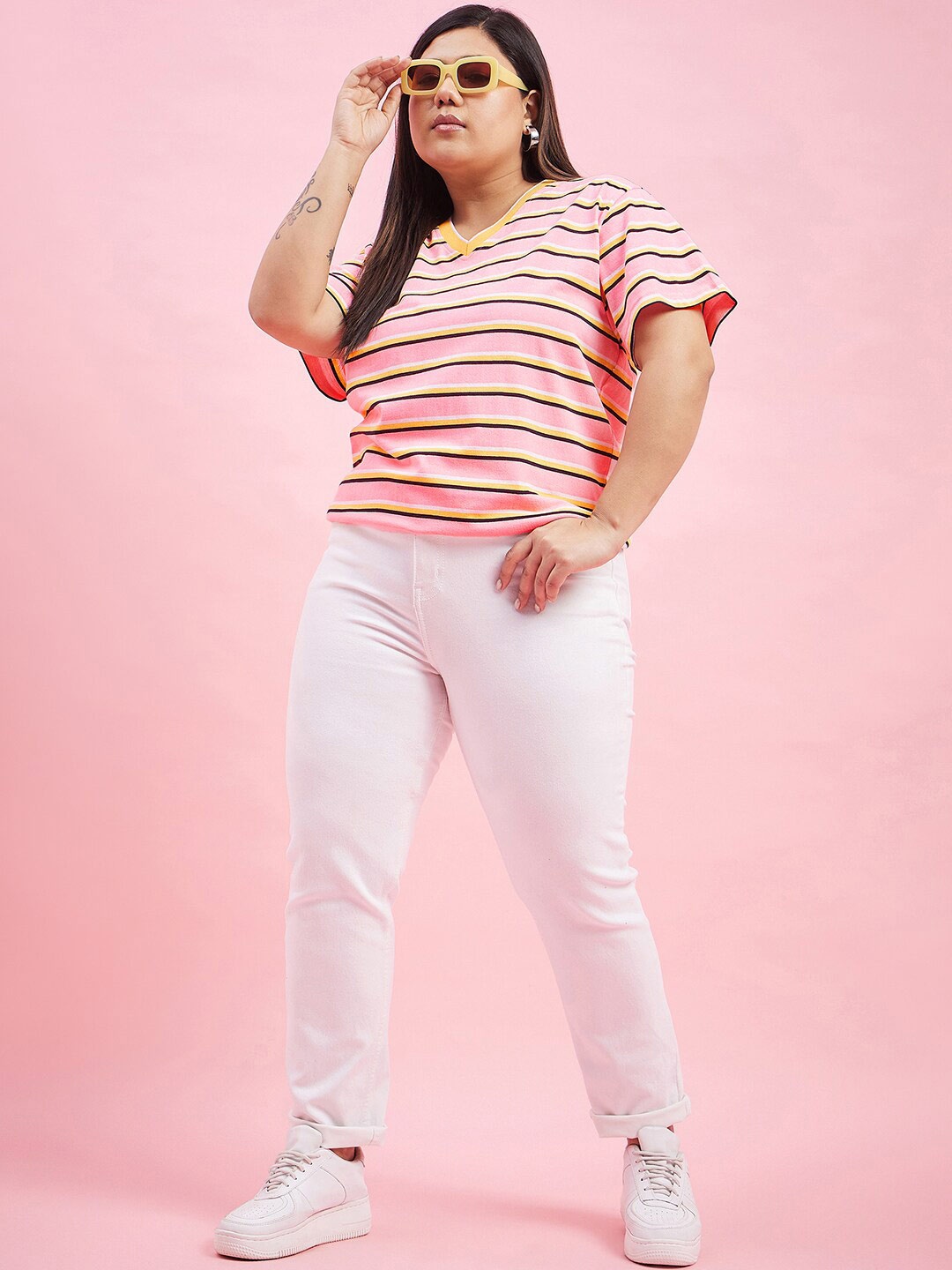 

AUSTIVO Round Neck Striped Cotton Top, Pink