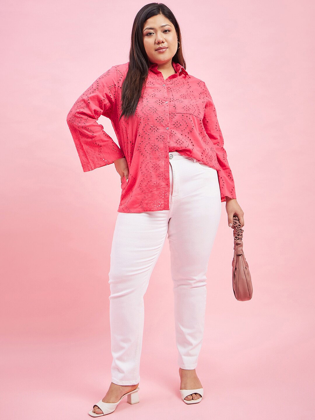 

AUSTIVO Self Design Cotton Shirt Style Top, Pink