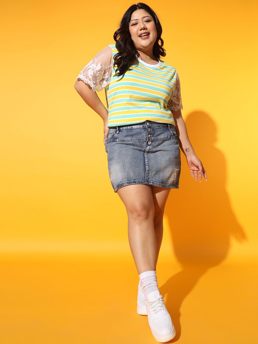 

AUSTIVO Round Neck Striped Cotton Regular Top, Yellow