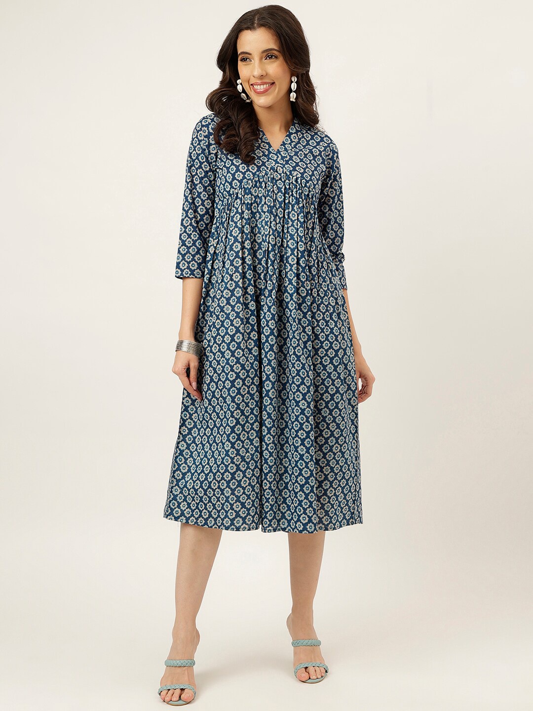 

SPARSA Ethnic Motifs Printed V Neck Cotton A-Line Midi Dress, Blue