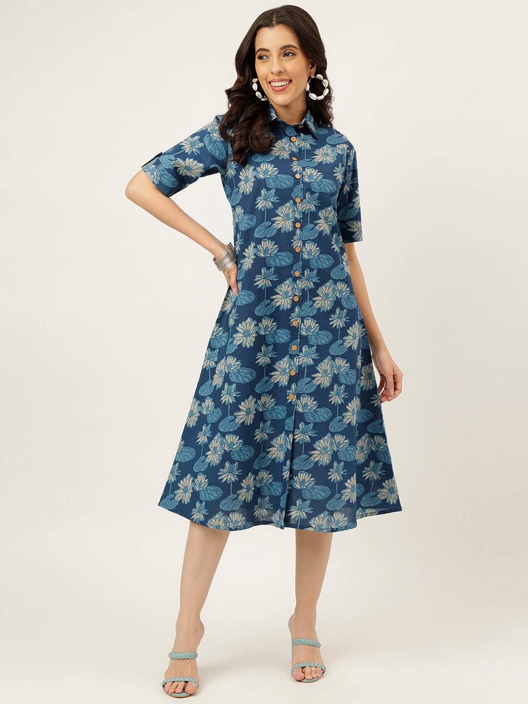 

SPARSA Floral Printed Cotton Shirt Midi Dress, Blue