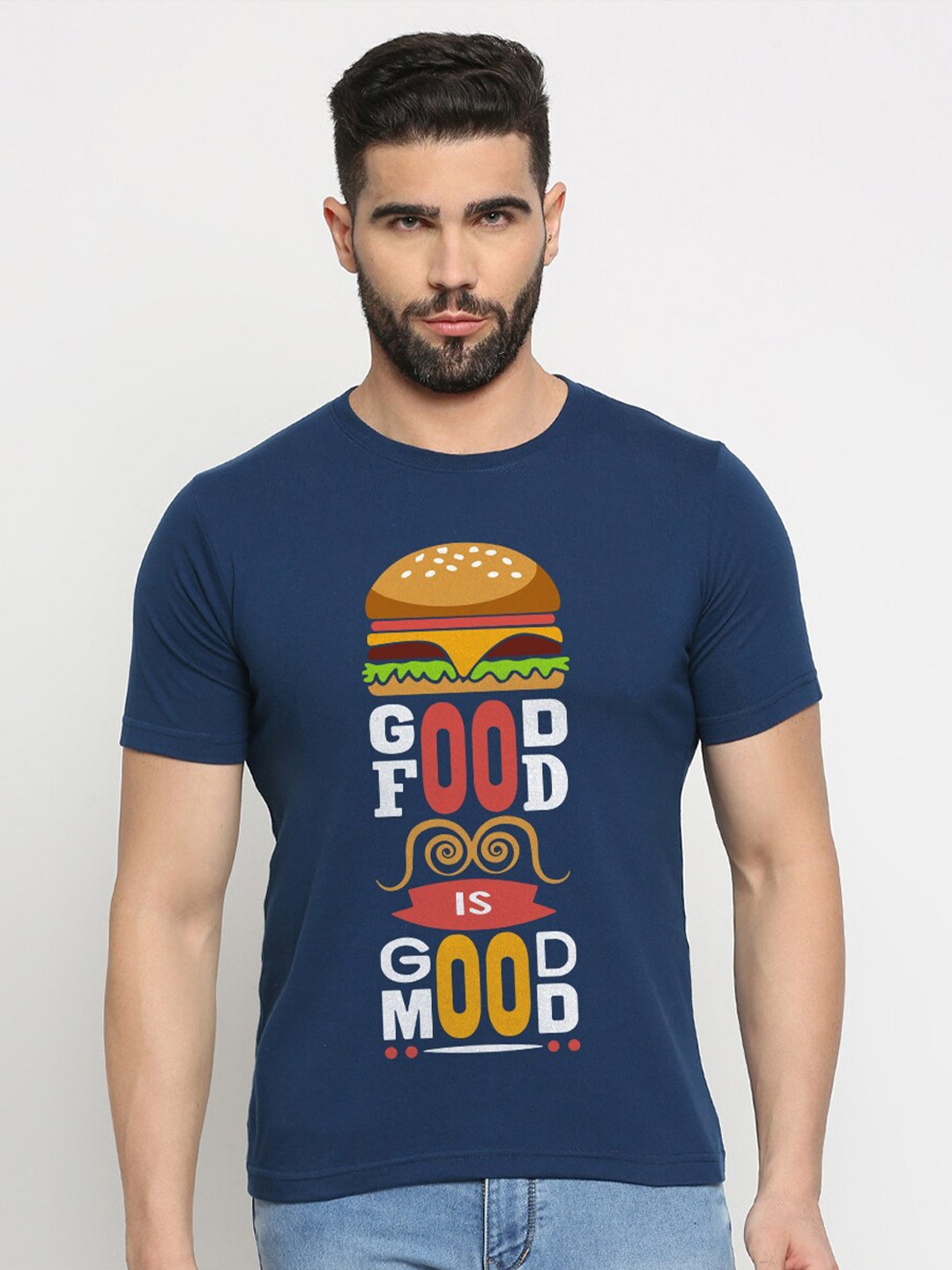 

MOD ECRU Unisex Typography Printed V-Neck Applique T-shirt, Blue