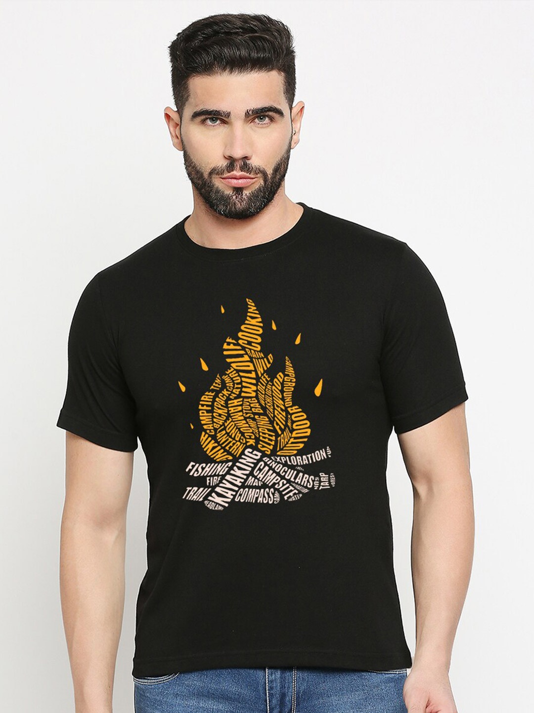 

MOD ECRU Unisex Printed V-Neck Raw Edge T-shirt, Black