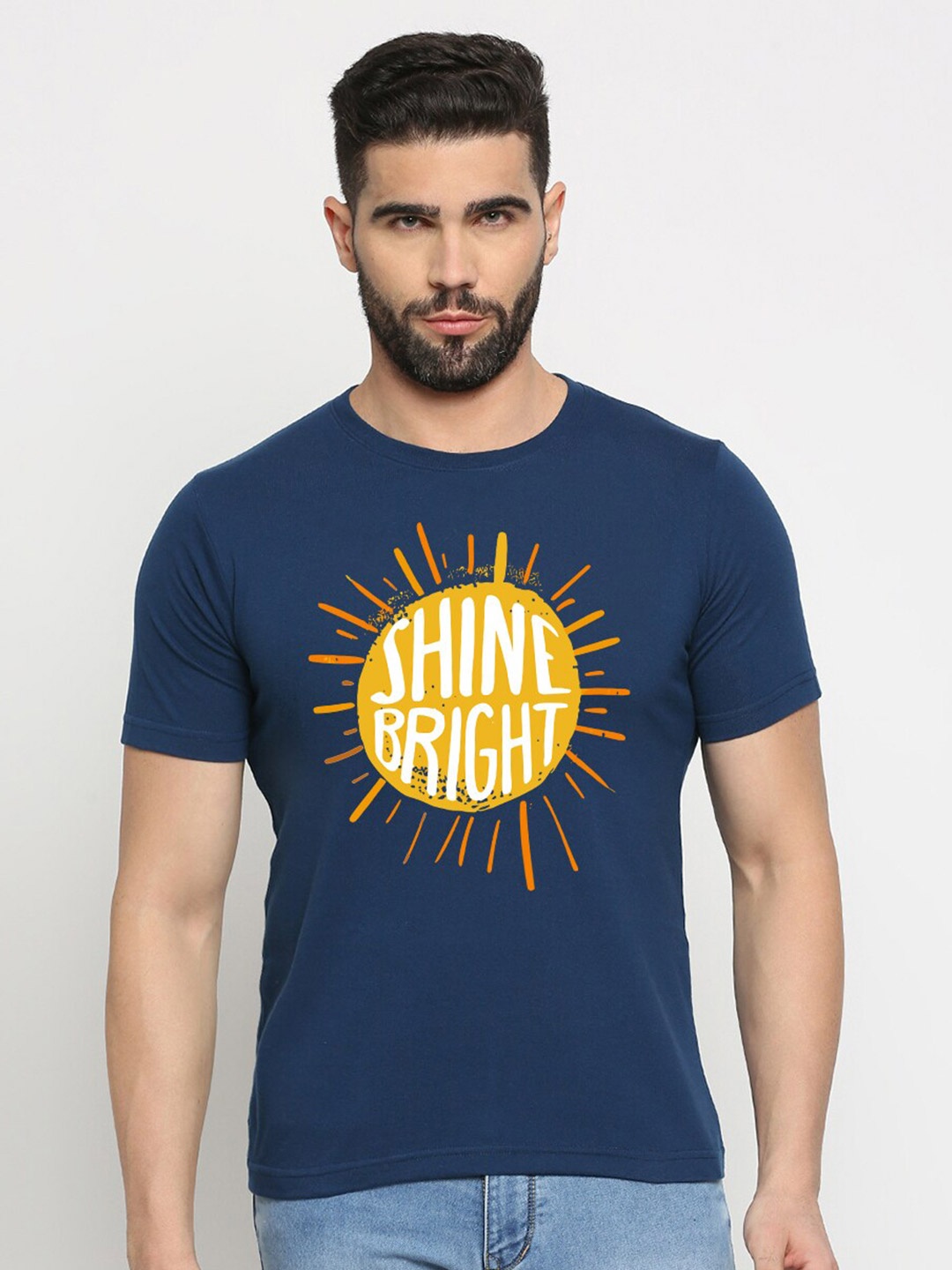 

MOD ECRU Unisex Printed V-Neck Applique T-shirt, Blue