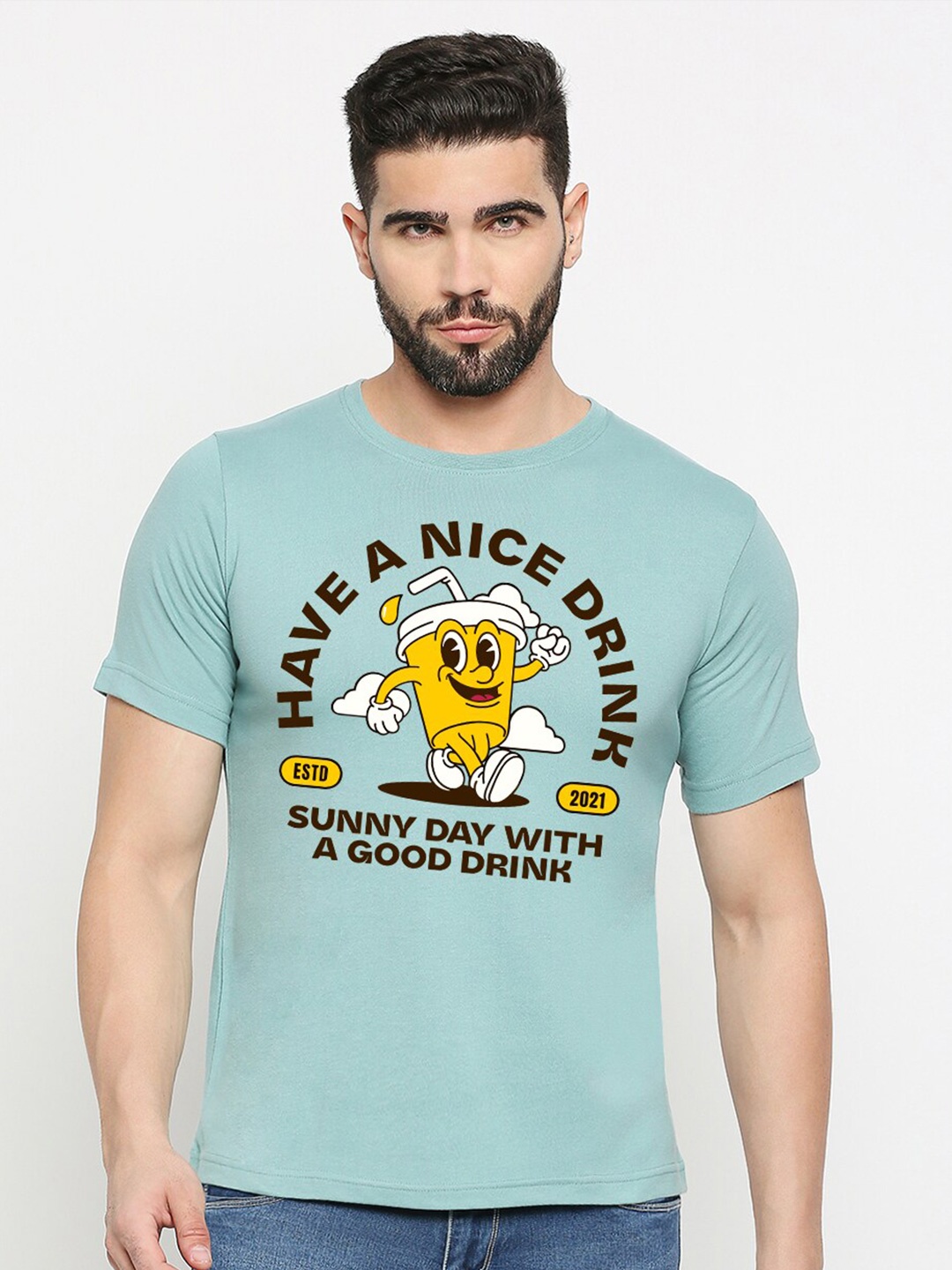 

MOD ECRU Round Neck Typography Printed Cotton T-shirt, Green