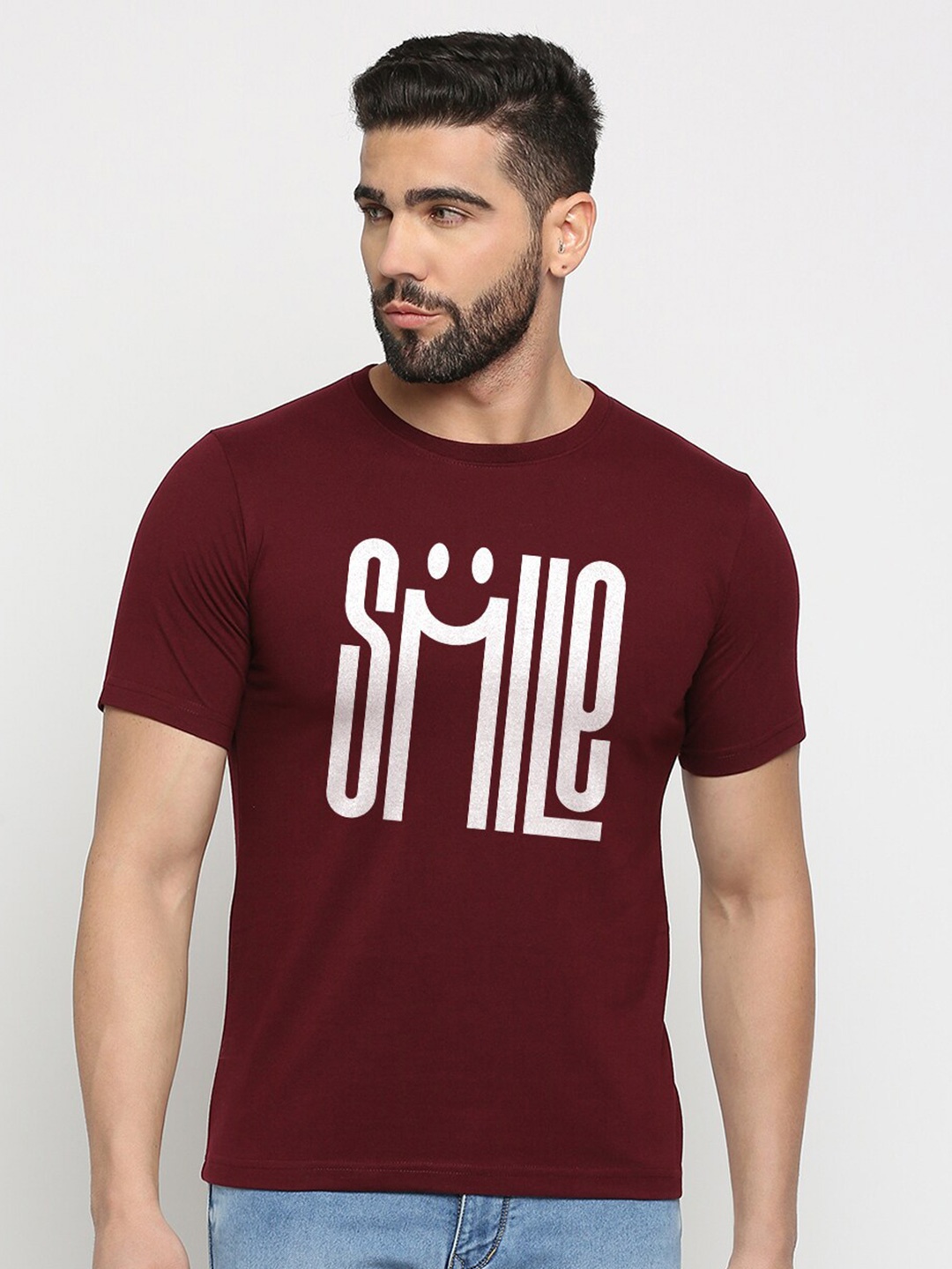 

MOD ECRU Round Neck Typography Printed Cotton T-shirt, Maroon