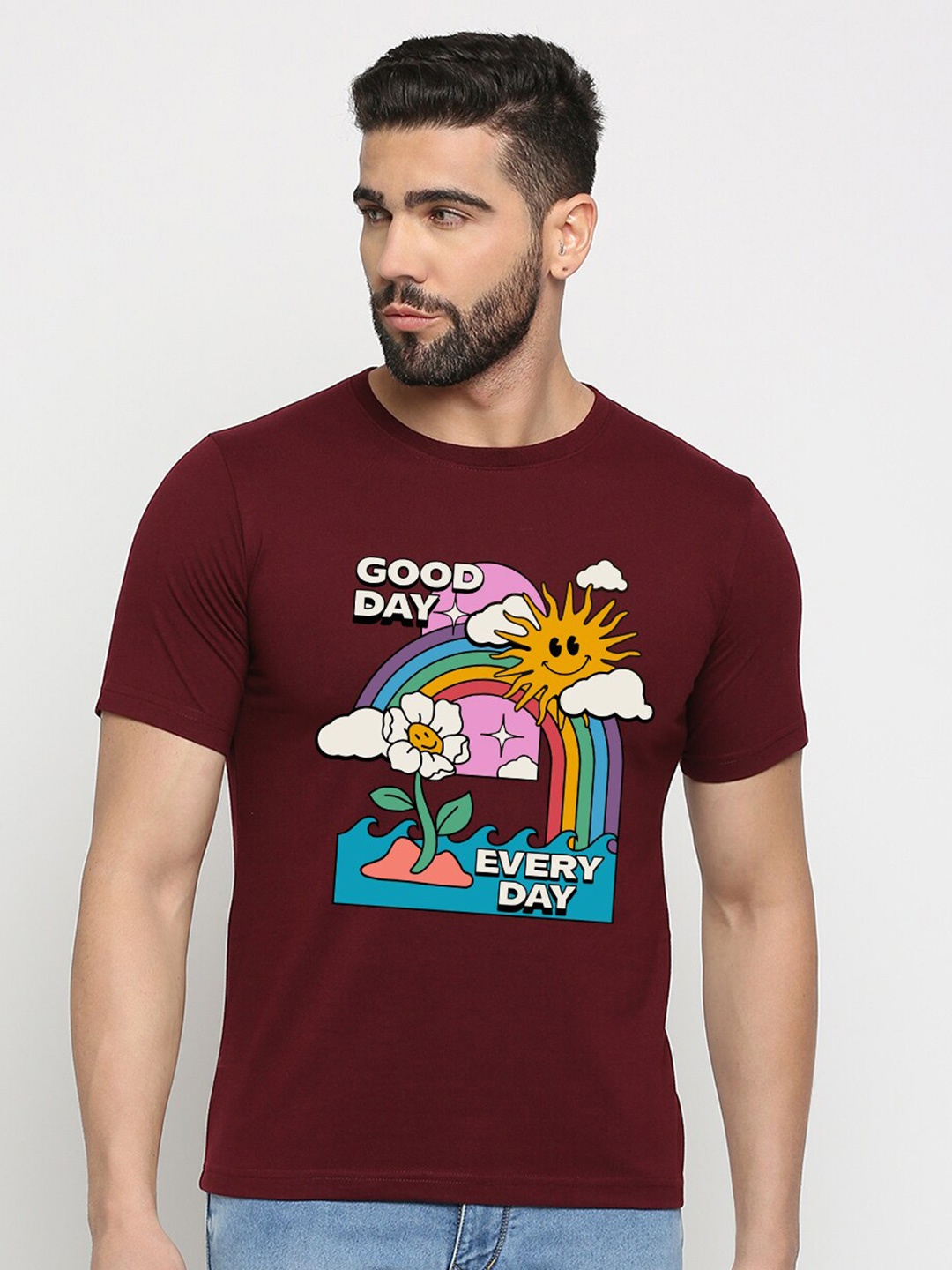 

MOD ECRU Round Neck Printed Cotton T-shirt, Maroon