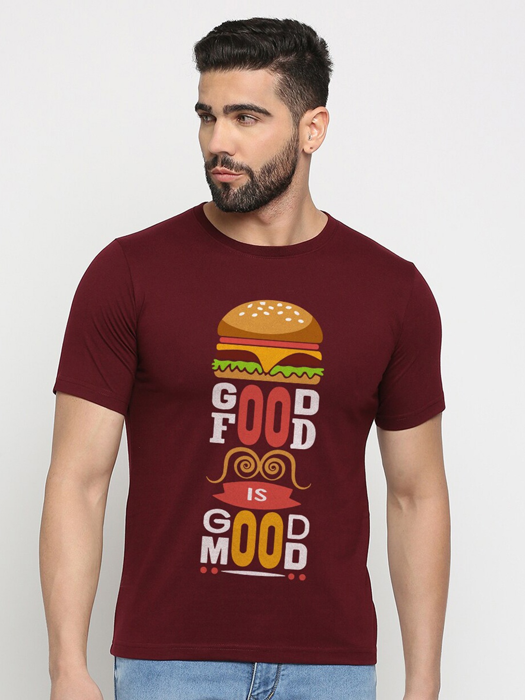 

MOD ECRU Round Neck Typography Printed Cotton T-shirt, Maroon