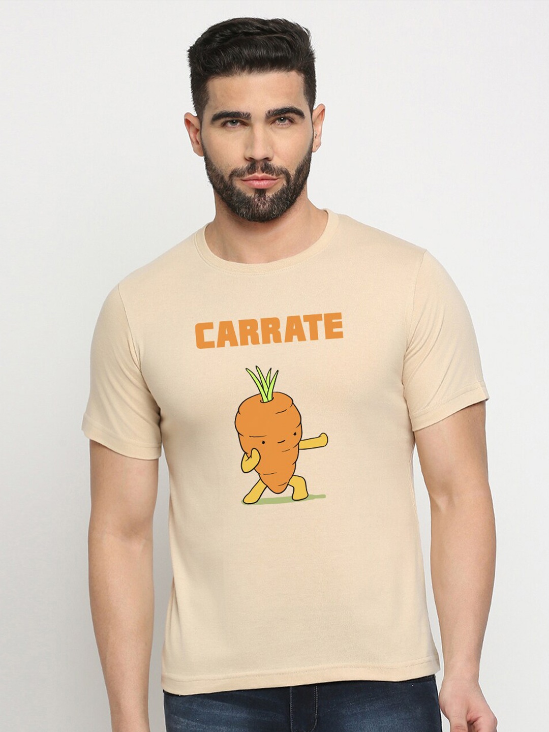 

MOD ECRU Round Neck Typography Printed Cotton T-shirt, Cream
