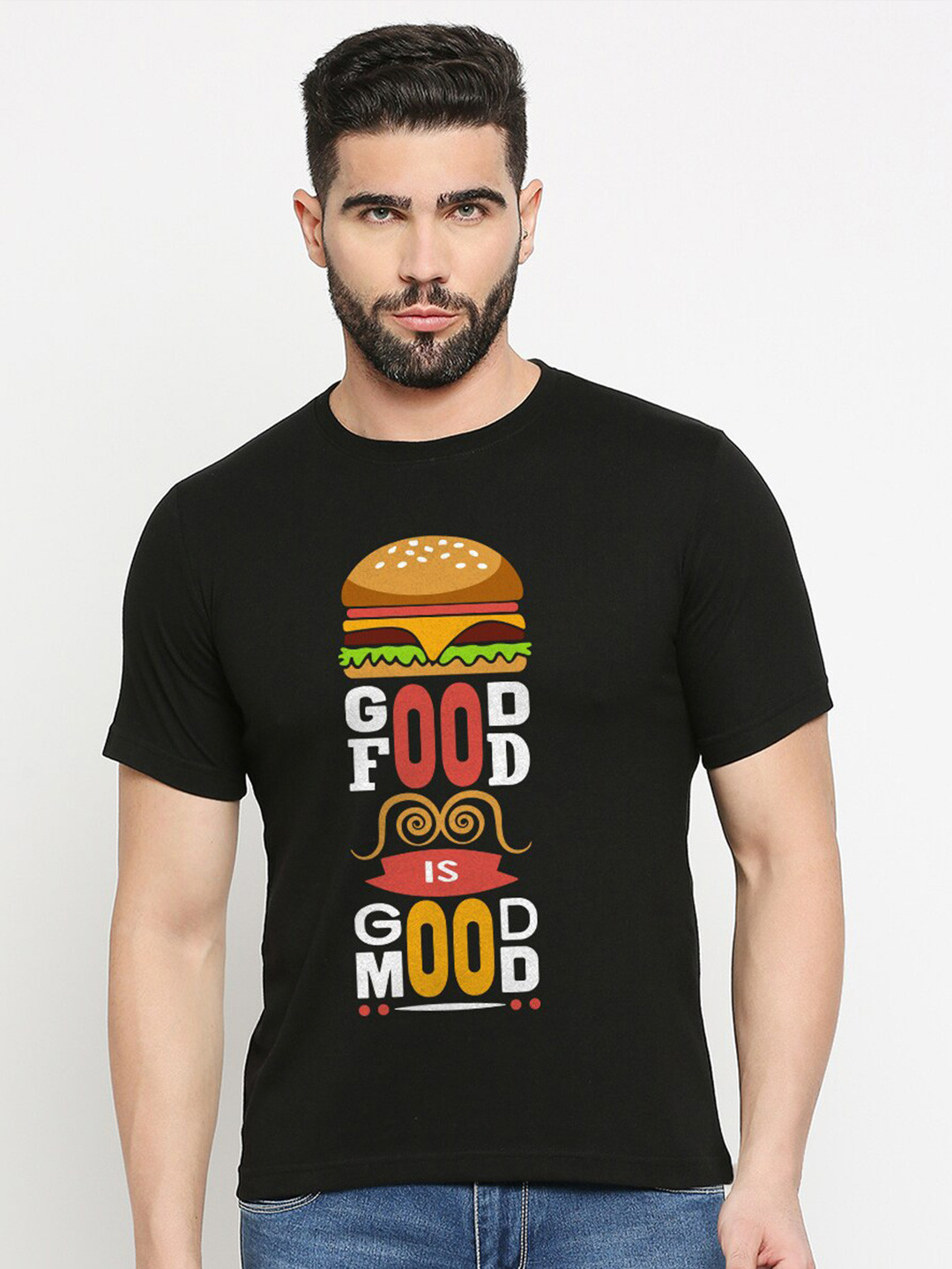 

MOD ECRU Round Neck Printed Cotton T-shirt, Black