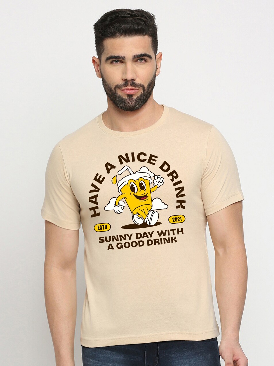 

MOD ECRU Round Neck Printed Cotton T-shirt, Cream