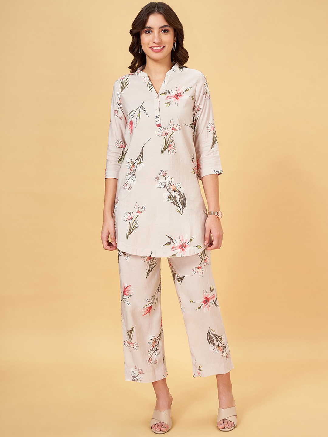 

RANGMANCH BY PANTALOONS Floral Printed Straight Pure Cotton Kurta with Palazzos, Khaki