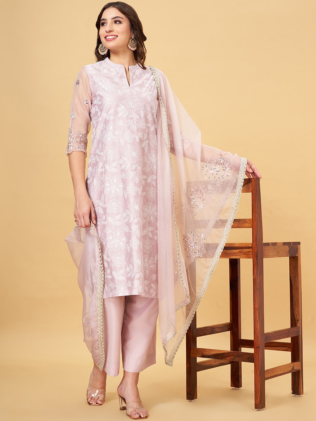 

RANGMANCH BY PANTALOONS Floral Printed Pure Cotton Straight Kurta & Trousers With Dupatta, Pink