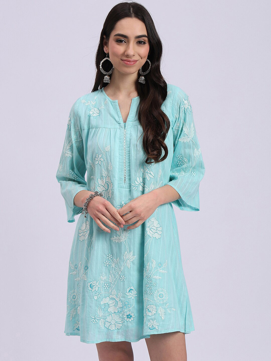 

Knitstudio Embroidered Cotton Mandarin Collar Neck Fit & Flare Dress, Sea green