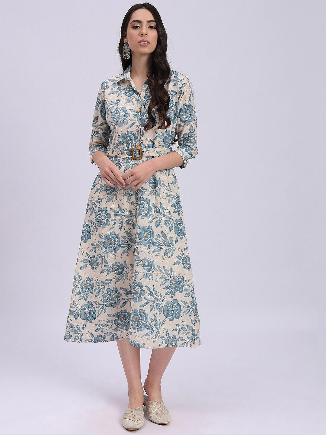 

Knitstudio Floral Printed Shirt Cotton Midi Dress, Blue