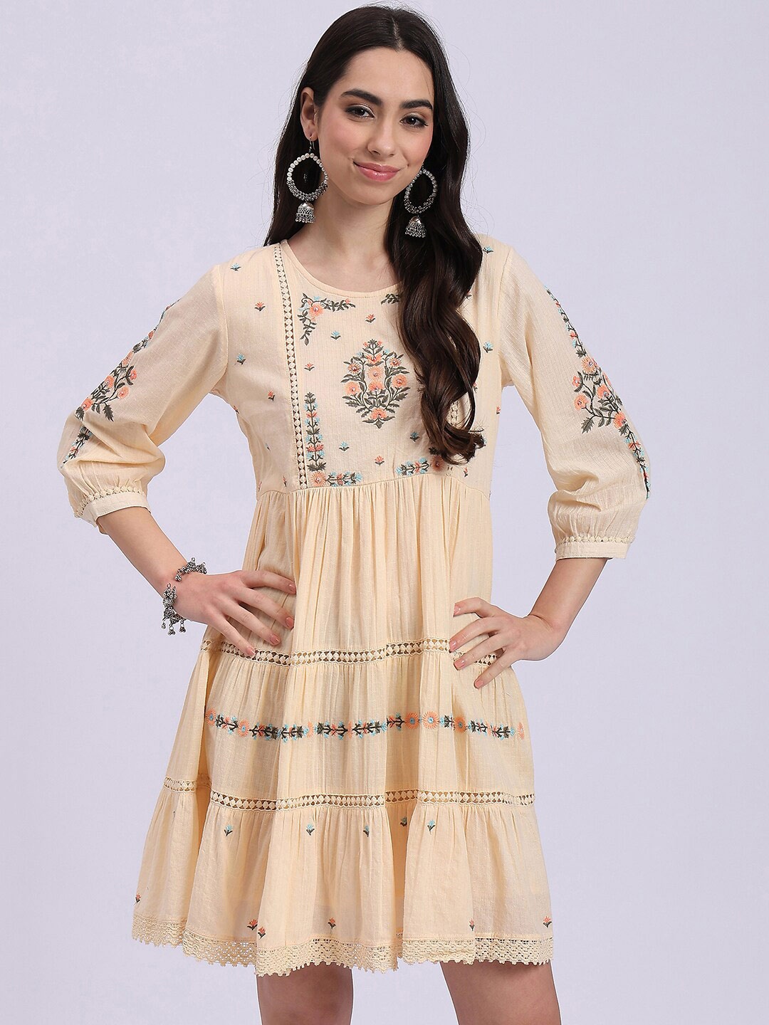 

Knitstudio Embroidered Fit & Flared Dress, Peach