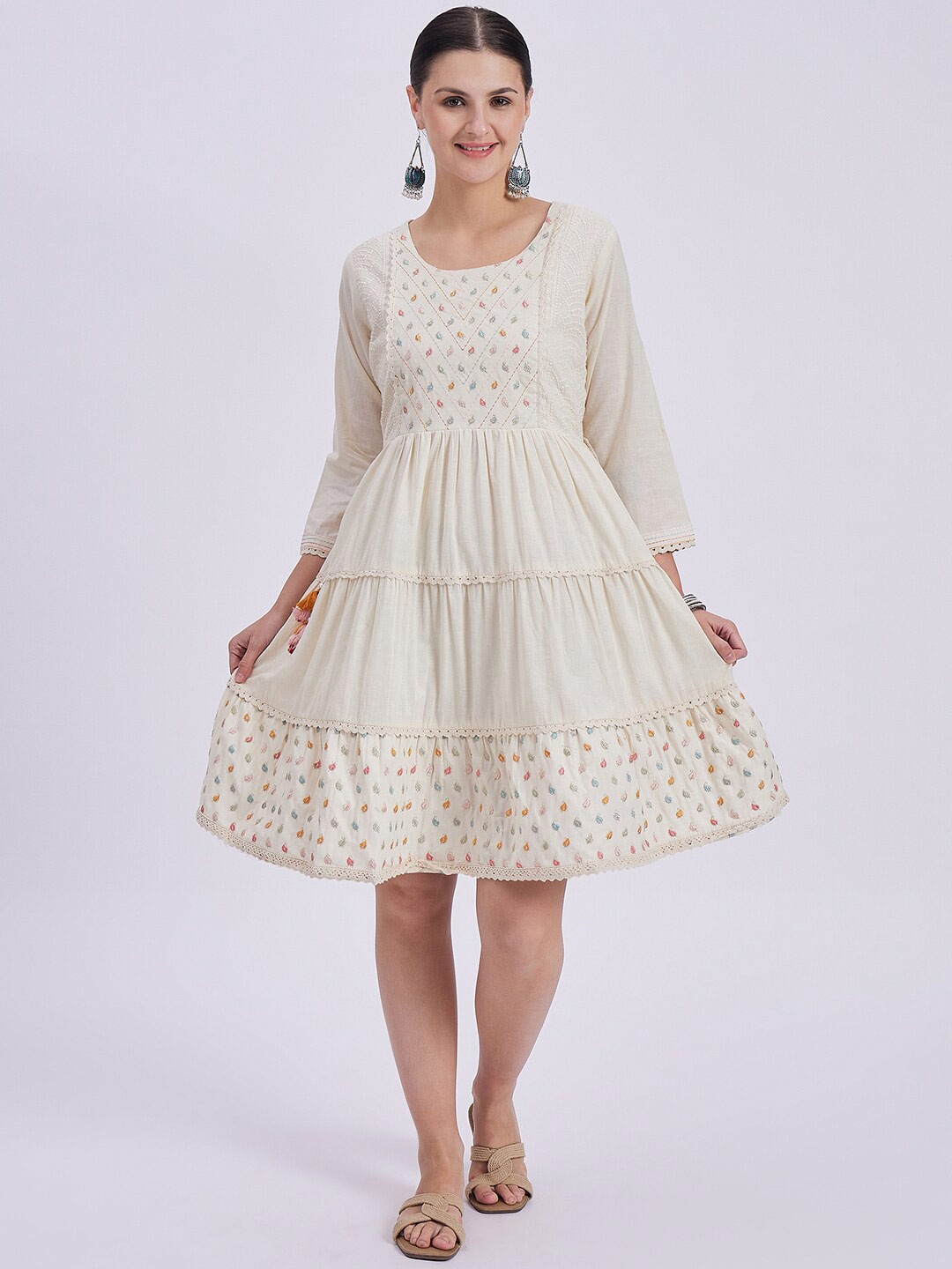 

Knitstudio Round Neck Floral Embroidered A Line Pure Cotton Dress, Cream