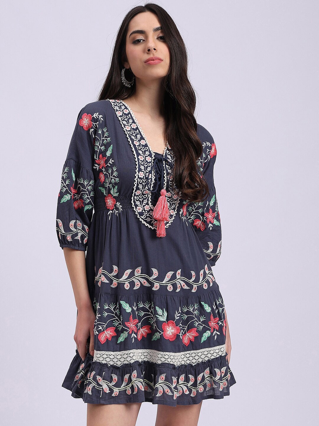 

Knitstudio Embroidered V-Neck Pure Cotton Dress, Navy blue